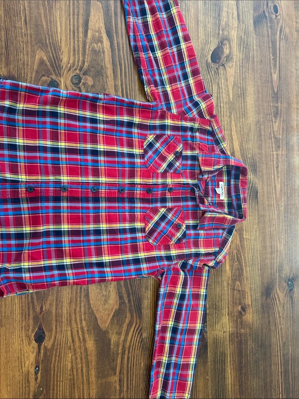 Boys size L (12/14). Cherokee Red and Blue Plaid Button-Up Long Sleeve Shirt